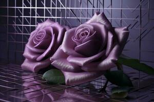 3d mural moderne fond d'écran. violet Rose fleurs avec carrés et décoratif Contexte . moderne art pour mur Accueil décor, produire ai photo