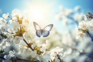 une papillon séance sur fleur et feuille, produire ai photo