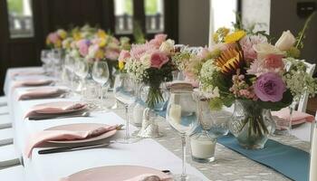 fleur table décorations pour vacances et mariage dîner. table ensemble pour vacances, événement, fête ou mariage accueil dans Extérieur restaurant, produire ai photo