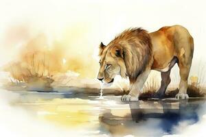 une Lion en buvant de une rivière à le coucher du soleil aquarelle peinture, magnifique Naturel formes, croustillant nettoyer formes, coloré, blanc Contexte , produire ai photo