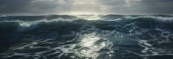 aérien vue de énorme vagues dans bleu océan, dans le style de texturale explorations, fluide gestes, irréel moteur, produire ai photo