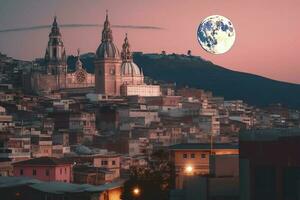 une ville horizon avec une plein lune et ville lumières, dans le style de la toile Anderson, sultan Mohammed, Alexis prier, quito école, cinématique alambics, gel punk, pailleté et brillant, produire ai photo