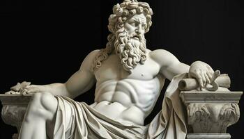 marbre statue de grec Dieu avec corne d'abondance dans le sien mains, produire ai photo