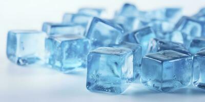 une grand sélection de la glace cubes sur une blanc arrière-plan, dans le style de Mike campau, lumière bleu, euhd image, fusion, mat photo, Icepunk, produire ai photo