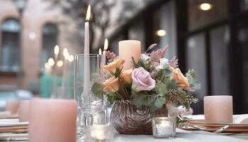 fleur table décorations pour vacances et mariage dîner. table ensemble pour vacances, événement, fête ou mariage accueil dans Extérieur restaurant, produire ai photo