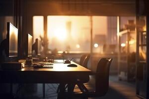 flou Bureau espace de travail dans le soir intérieur. ai généré photo