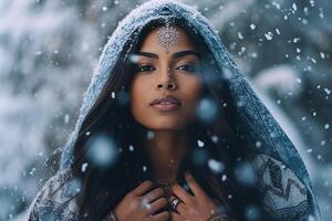 Jeune Indien femme profiter hiver flocons de neige dans une joyeux Extérieur moment. génératif ai photo