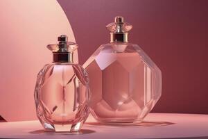 élégance parfum bouteille, féminin cosmétique rose, génératif ai photo