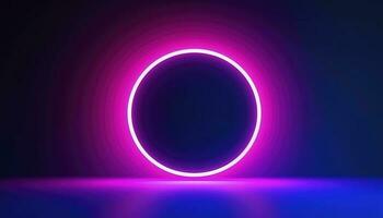 3d rendre, bleu rose néon rond cadre, cercle, bague forme, vide espace, ultra-violet lumière, Années 80 rétro style, mode spectacle organiser, abstrait arrière-plan, produire ai photo
