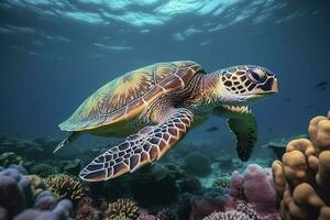 mer tortue nager le sous-marin, magnifique sous-marin et coloré corail dans le sauvage la nature de le pacifique océan produire ai photo