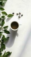 aromatique herbes et café tasse sur blanc Contexte avec copie espace. café Pause concept. photo