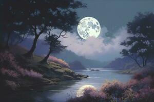 La peinture de une nuit scène avec une plein lune génératif , produire ai photo