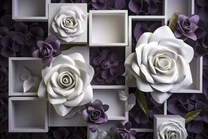 3d mural moderne fond d'écran. violet Rose fleurs avec carrés et décoratif Contexte . moderne art pour mur Accueil décor, produire ai photo