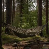 hamac pour Extérieur des loisirs entre des arbres ai généré photo