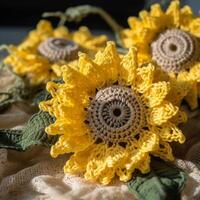 crochet fleurs sur une table ai généré photo