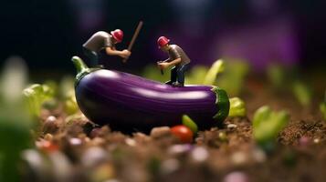 une miniature ouvriers travail sur aubergine photo