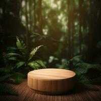 en bois produit afficher podium avec flou la nature feuilles Contexte photo