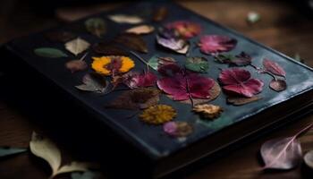 l'automne feuilles sur en bois tableau, rustique décoration généré par ai photo