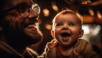 Célibataire père et fils partager insouciant le coucher du soleil bonheur généré par ai photo