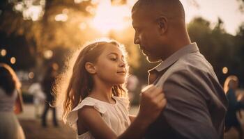 famille embrassement en dessous de Soleil chaud crépuscule lumière du soleil généré par ai photo