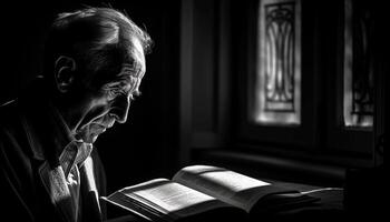 un homme en train d'étudier Bible dans solitaire prière généré par ai photo
