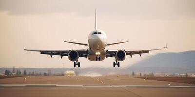 avion sur une piste avec ciel dans le Contexte ai généré photo