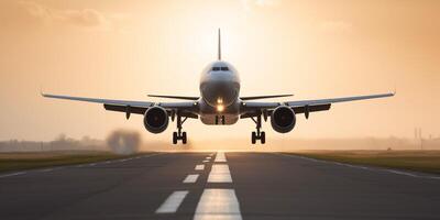 avion sur une piste avec ciel dans le Contexte ai généré photo