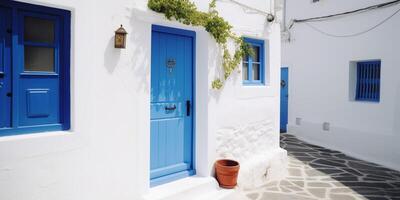 une petit blanc maison avec Jaune porte ai généré photo