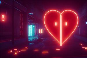 grand rouge embrasé cœur sur le mur dans nuit club avec faible lumières, neural réseau généré art photo