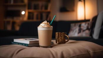 confortable chambre à coucher, une moka dans main généré par ai photo