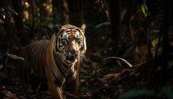 majestueux Bengale tigre en marchant dans tropical région sauvage généré par ai photo