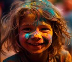 joyeux les filles avec visage peindre à Holi Festival généré par ai photo