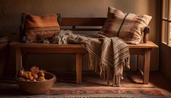 confortable de laine lit avec rustique osier panier généré par ai photo