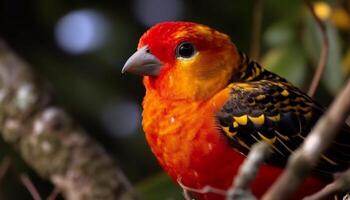 vibrant ara se percher sur branche dans forêt généré par ai photo