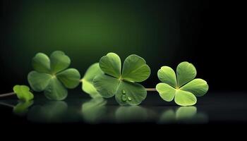 quatre trèfle dans le foncé vert , génératif ai photo