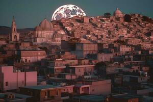 une ville horizon avec une plein lune et ville lumières, dans le style de la toile Anderson, sultan Mohammed, Alexis prier, quito école, cinématique alambics, gel punk, pailleté et brillant, produire ai photo