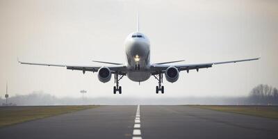 avion sur une piste avec ciel dans le Contexte ai généré photo