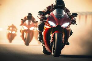 extrême athlète sport motocyclettes courses sur course piste, génératif ai photo