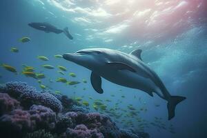 dauphins nager dans le sous-marin, magnifique sous-marin et coloré corail dans le sauvage la nature de le pacifique océan, produire ai photo