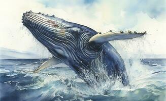 une baleine briser dans une orageux océan aquarelle peinture, magnifique Naturel formes, croustillant nettoyer formes, coloré, blanc arrière-plan, produire ai photo