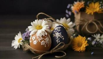 Pâques Oeuf décoration avec fleur bouquet, produire ai photo