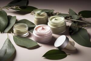 éco amical produits de beauté décoré avec vert feuilles, biologique faciale soins de la peau, maquillage et peau se soucier cosmétique articles. ai généré image. photo