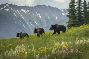 une famille de ours en jouant dans une champ de fleurs sauvages avec une Montagne intervalle dans le arrière-plan, produire ai photo