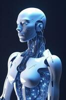 chatgpt, une en pensant robot, une humanoïde robot visages fermer futuriste moderne technologie chatbot assistance auto conversation, futur numérique La technologie ai artificiel intelligence concept, produire ai photo