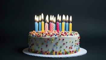 fête anniversaire gâteau avec vingt un coloré anniversaire bougies, produire ai photo