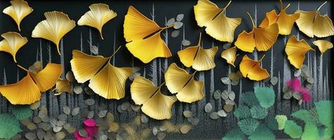 3d coloré illustration de ginkgo feuilles, cerf, et feuilles dans foncé Contexte. minimaliste peinte à la main Toile art mur Cadre décor, produire ai photo