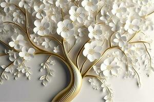 3d fond d'écran floral arbre Contexte avec blanc fleur feuilles et d'or tige. intérieur mur Accueil décor, produire ai photo