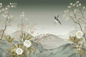 3d floral mural fond d'écran avec une lumière Facile Contexte. branches de fleurs, herbes, des oiseaux, et montagnes. moderne art pour mur Accueil décor, produire ai photo