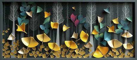 3d coloré illustration de ginkgo feuilles, cerf, et feuilles dans foncé Contexte. minimaliste peinte à la main Toile art mur Cadre décor, produire ai photo