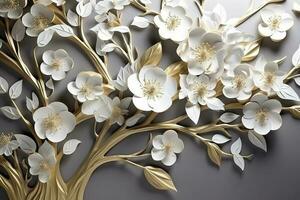 3d fond d'écran floral arbre Contexte avec blanc fleur feuilles et d'or tige. intérieur mur Accueil décor, produire ai photo